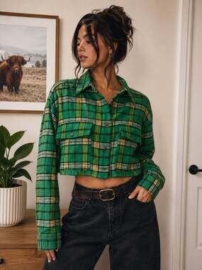Good American Green Plaid Cropped Shacket Oversized Flannel Jacket Size 5